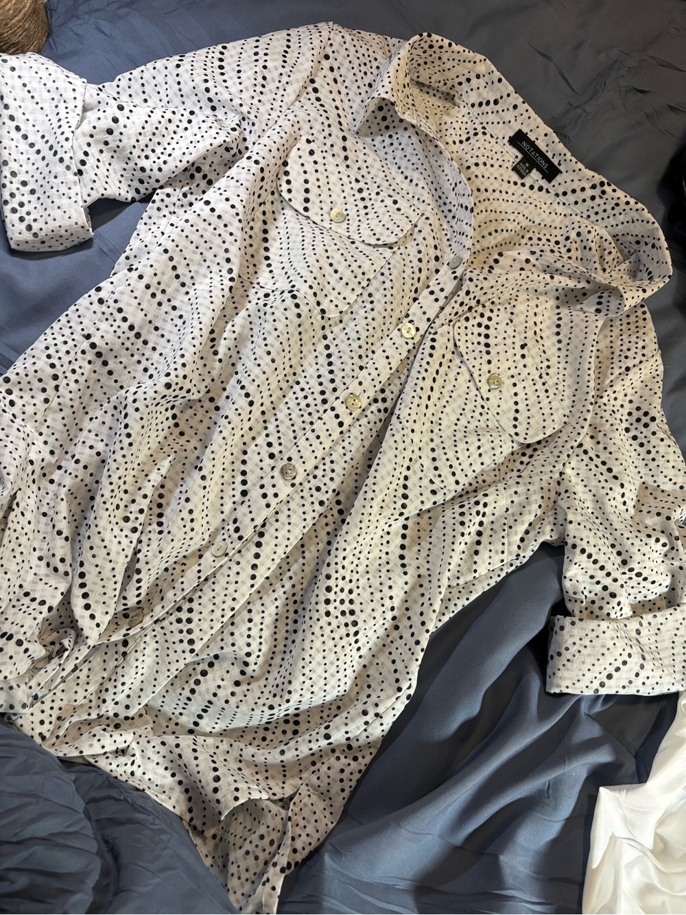 Women’s Notations Medium White Shirt with Black Dot Print - Casual Button-Down